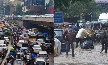 Heavy Traffic Jam in Hyderabad Hitech City: హైదరాబాద్ హైటెక్ సిటీ ప్రాంతంలో భారీ ట్రాఫిక్ జామ్: భారీ వర్షం కారణంగా వాహనదారుల అవస్థలు!