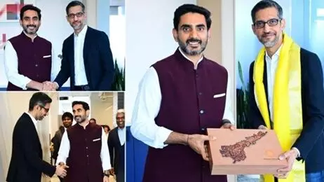 Google CEO Sundar Pichai Meets Minister Lokesh: గూగుల్ సీఈవో సుందర్ పిచాయ్ స్వాగతం: మంత్రి లోకేశ్తో భేటీ.. ఏపీలో ఏఐ డేటా సెంటర్ పురోగతి, కొత్త పెట్టుబడులపై చర్చ Google CEO Sundar Pichai Meets Minister Lokesh: గూగుల్ సీఈవో సుందర్ పిచాయ్ స్వాగతం: మంత్రి లోకేశ్తో భేటీ.. ఏపీలో ఏఐ డేటా సెంటర్ పురోగతి, కొత్త పెట్టుబడులపై చర్చ