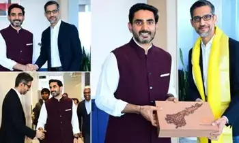 Google CEO Sundar Pichai Meets Minister Lokesh:  గూగుల్ సీఈవో సుందర్ పిచాయ్ స్వాగతం: మంత్రి లోకేశ్‌తో భేటీ.. ఏపీలో ఏఐ డేటా సెంటర్ పురోగతి, కొత్త పెట్టుబడులపై చర్చ